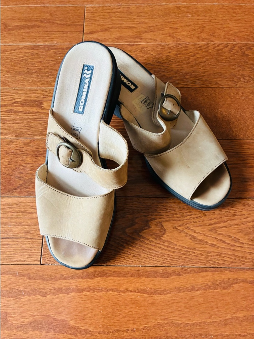 Romika Tan Leather Slide Mules with Buckle